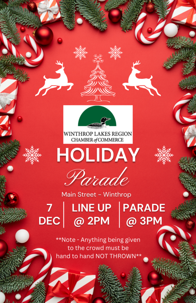 Holiday Parade flyer. Main Street Winthrop, Saturday, Dec 7 Line-up at 2pm, Parade at 3pm